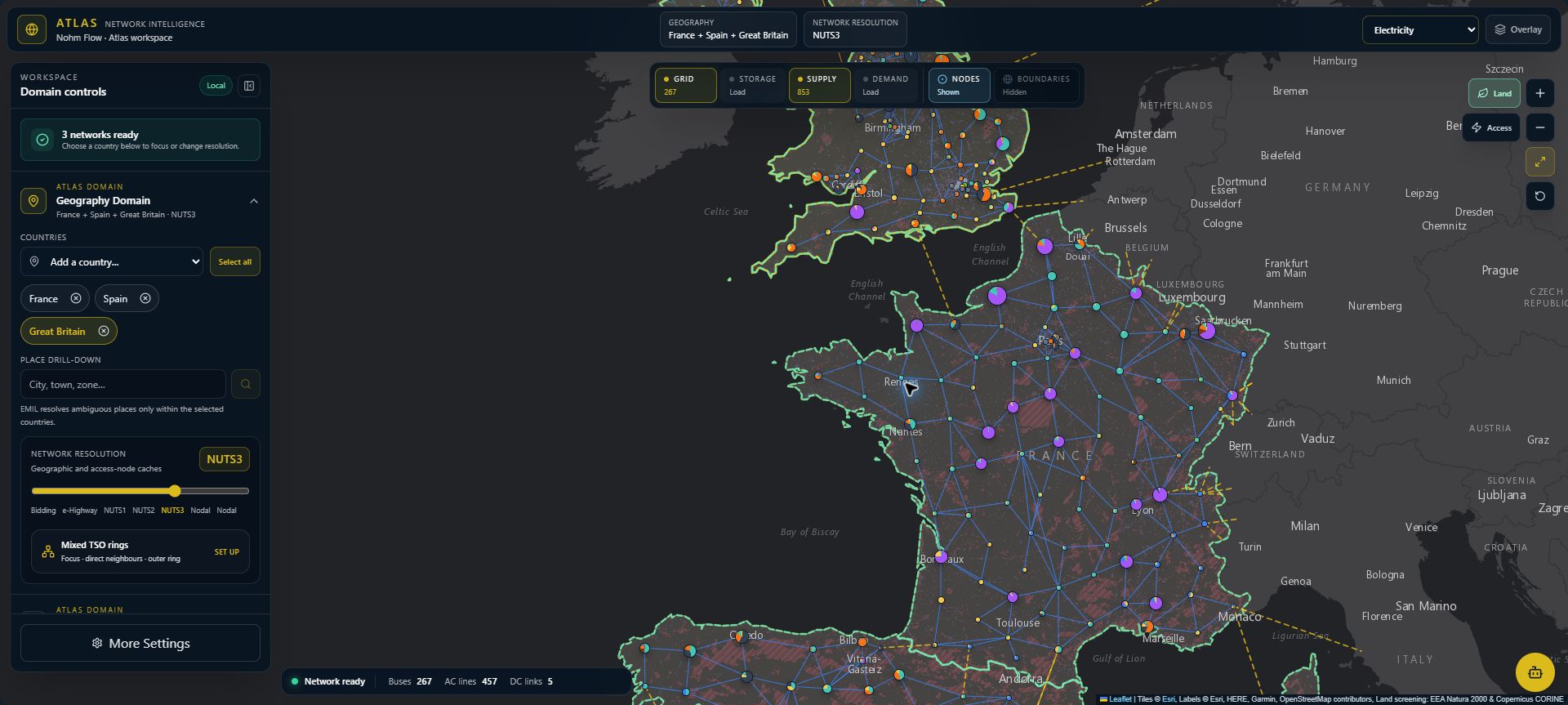 Nohm Atlas showing a European energy-system map and analytical controls